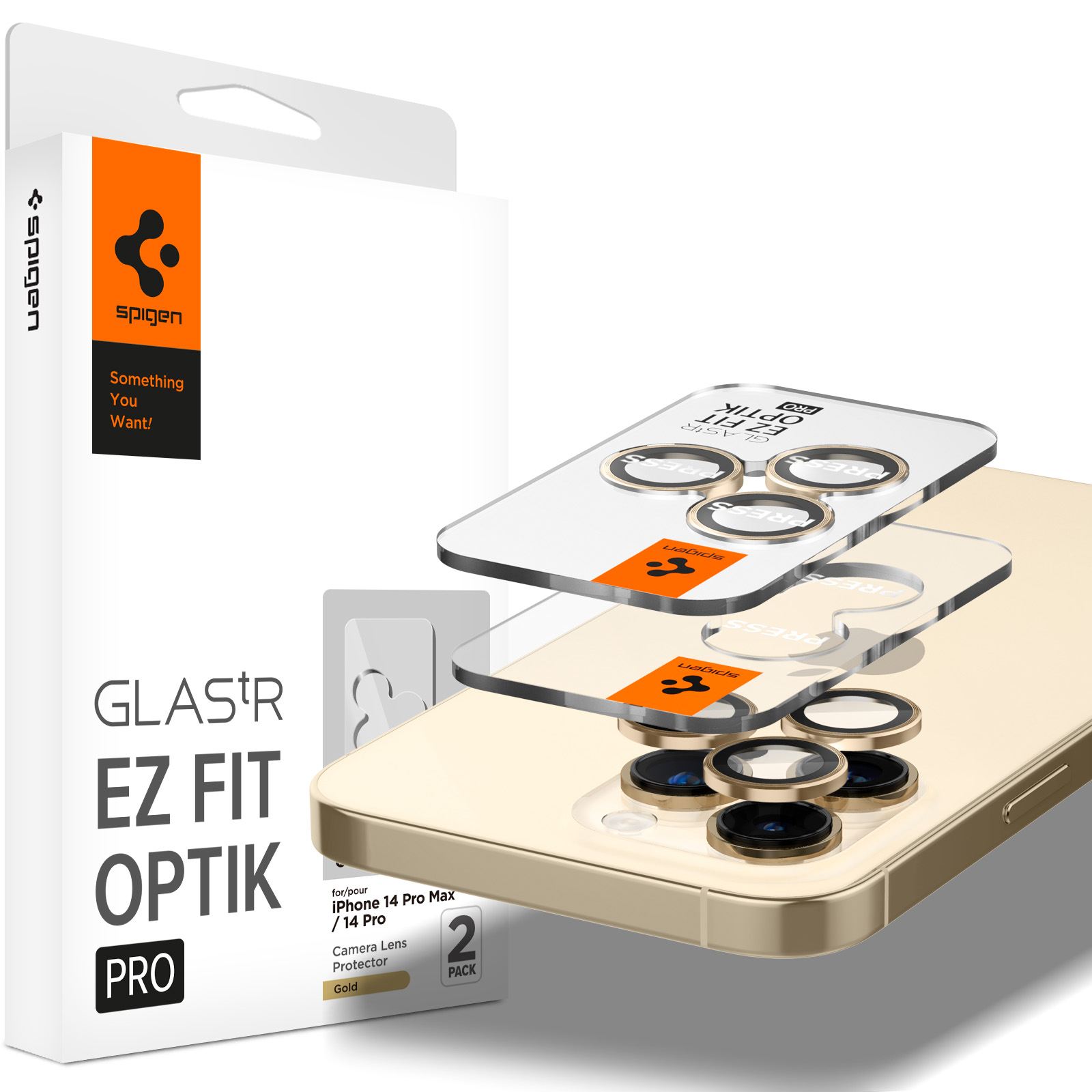 Spigen Glass EZ Fit Optik Pro 2 Pack, gold - iPhone 14 Pro/iPhone 14 Pro Max (1)