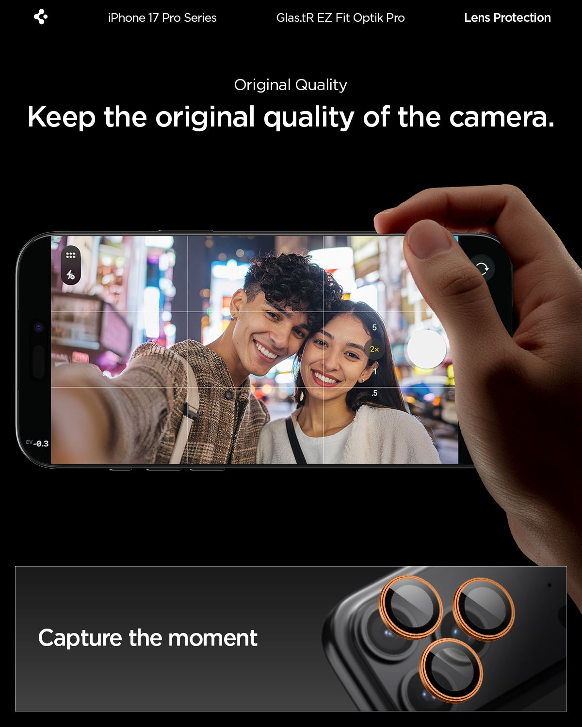 Spigen Glass tR EZ Fit Optik Pro 2 Pack, orange - iPhone 17/16/15/14 Pro / 17/16/15/14 Pro Max (9)