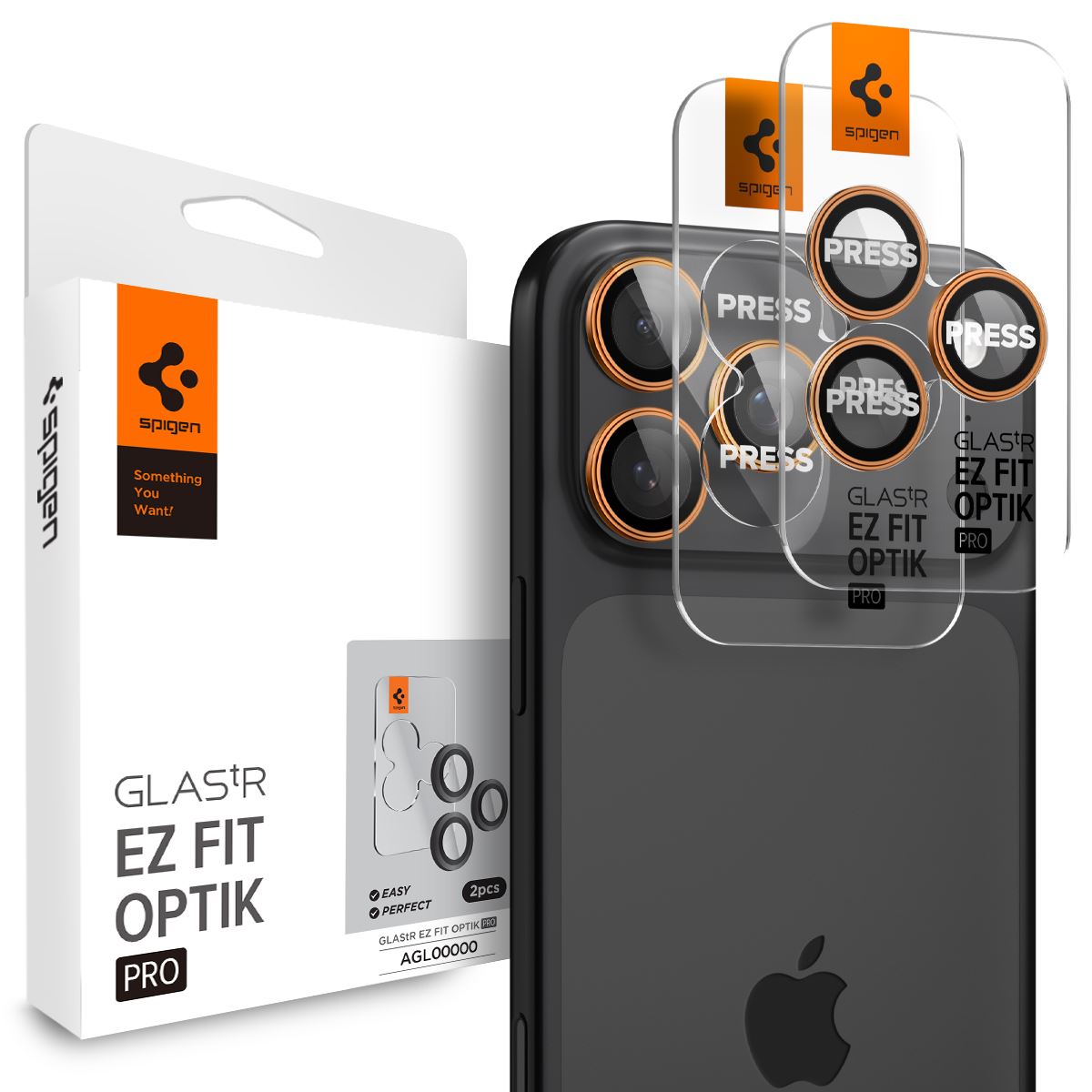 Spigen Glass tR EZ Fit Optik Pro 2 Pack, orange - iPhone 17/16/15/14 Pro / 17/16/15/14 Pro Max